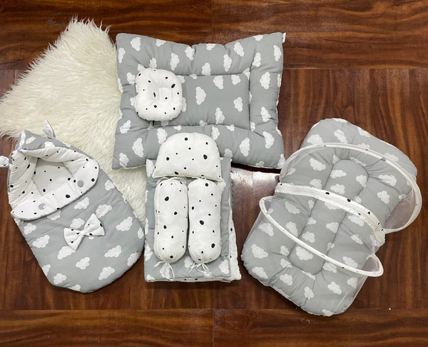 Baby 8-Piece Bed Set – Cloud Print | Carry Nest, Mosquito Net Bed, Blanket & Pillows