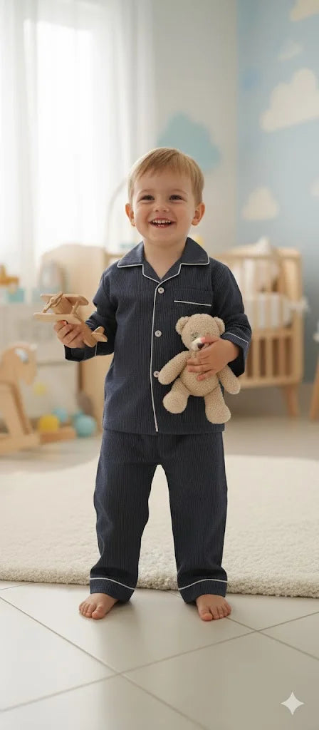 Baby Boy Night Suit – Self Check Design | Soft Cotton Nightwear