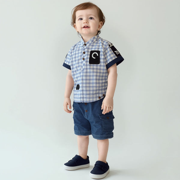 BOY CHECK PRINT 2PCS SUIT WITH CAP