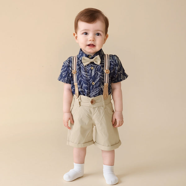 BABY BOY FANCY SEPARATE 3PCS GALLIS SUIT BLUE LEAF PRINT