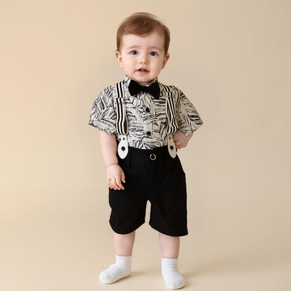 BABY BOY FANCY SEPARATE 3PCS GALLIS SUIT BLACK LEAF PRINT