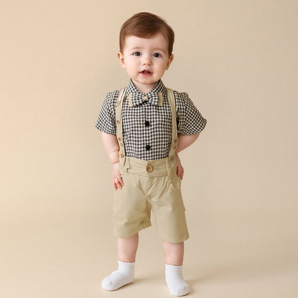 BABY BOY FANCY SEPARATE 3PCS GALLIS SUIT BLACK CHECK PRINT