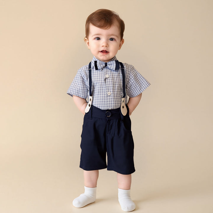 Baby Boy Blue Check Print 3-Piece Gallis Suit – Fancy Kids Outfit