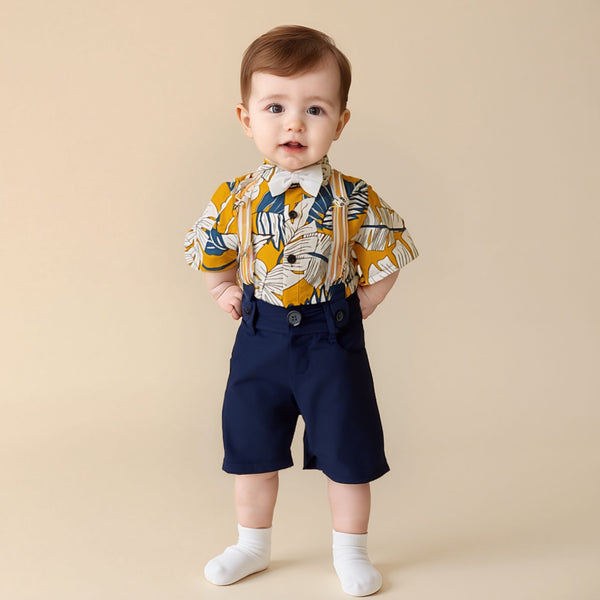 BABY BOY FANCY SEPARATE 3PCS GALLIS SUIT WHITE LEAF PRINT