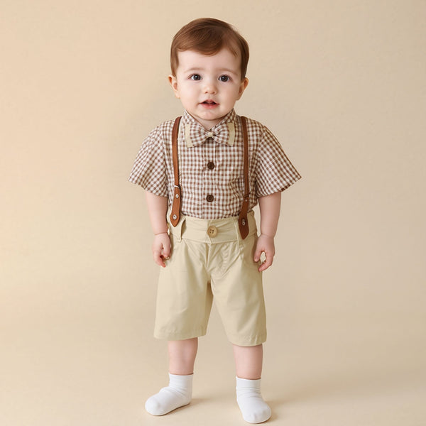 BABY BOY FANCY SEPARATE 3PCS GALLIS SUIT BROWN CHECK PRINT