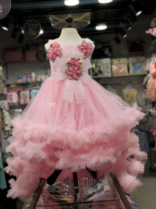 BABY GIRL LIGHT PINK LONG TAIL FANCY FROCK | BABY GIRL FANCY FROCK