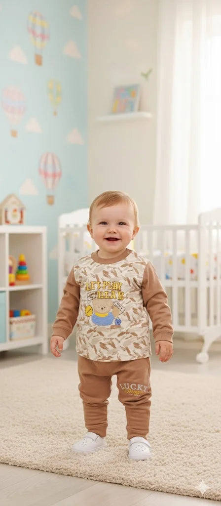 Baby Boy 2 Piece Suit – Bear Print | Soft T-Shirt & Trouser Set