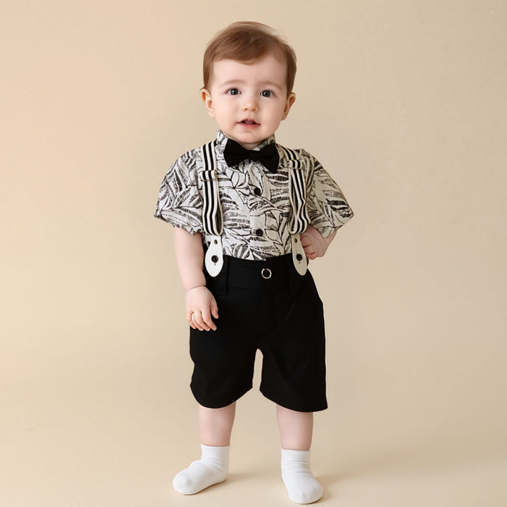 Baby Boy 3-Piece Black Leaf Print Gallis Suit – Elegant Formal Wear