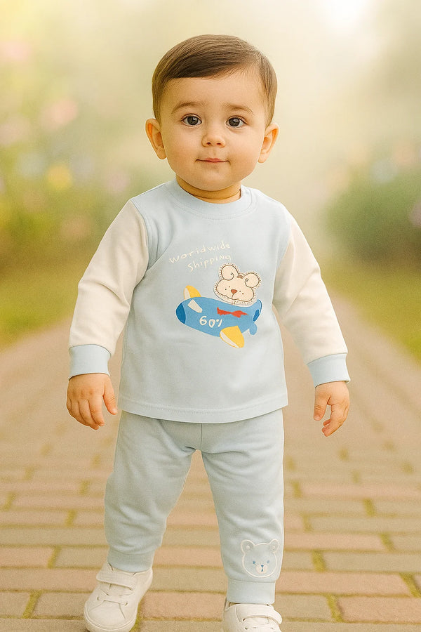 Baby Boy 2 Piece Suit – Aeroplane Print | Jersey Cotton Outfit