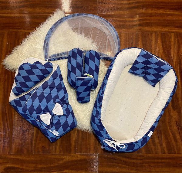 Baby Snuggle 8-Piece Bed Set – Blue Check | Carry Nest, Snuggle & Mosquito Net