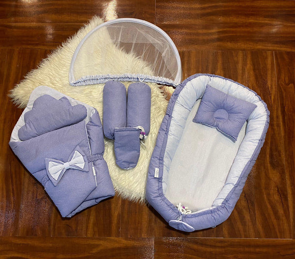Baby Snuggle 8-Piece Bed Set – Blue Micro Polka Dot | Carry Nest, Snuggle & Mosquito Net