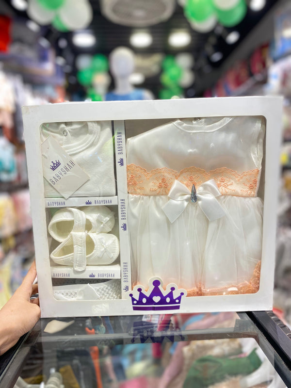 Baby Girl 4-Piece Fancy Frock Turkish Gift Box | Frock, Bodysuit, Hairband & Booties