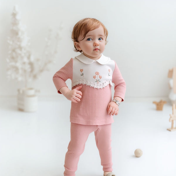 Baby Girl 2-Piece Suit Set – Embroidered Flower Shirt & Trouser