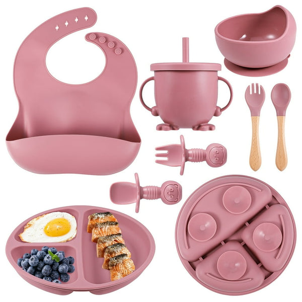 Silicone Baby Feeding 8pcs Set | 8Pcs Silicone Children's Tableware Set Solid Color