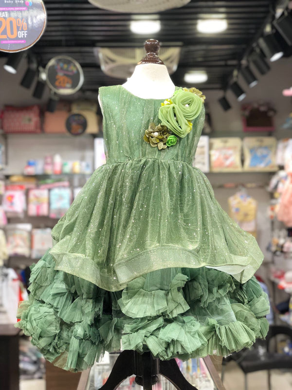 BABY GIRL CURVE BUNCH GREEN FANCY FROCK | BABY GIRL FANCY FROCK