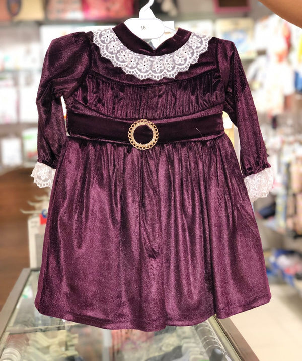 BABY GIRL BUCKLE PURPLE VELVET FROCK WINTER COLLECTION | BABY GIRL VELVET FROCK WINTER COLLECTION