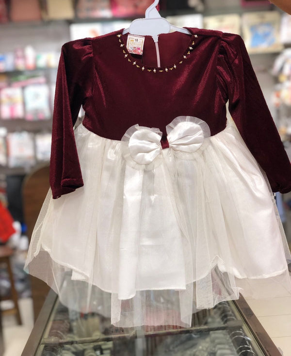 BABY GIRL BOW MEHROON VELVET FROCK WINTER COLLECTION | BABY GIRL VELVET FROCK WINTER COLLECTION
