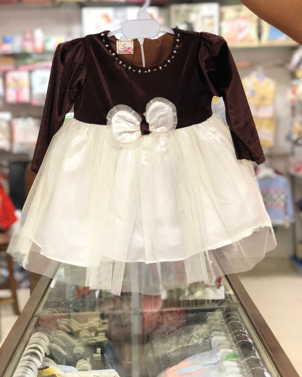 BABY GIRL BOW BROWN VELVET FROCK WINTER COLLECTION | BABY GIRL VELVET FROCK WINTER COLLECTION