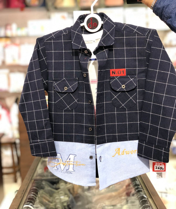 BOY 2 PIECES FANCY SHIRT N.BLUE CHECK | BOY FANCY 2 PIECES SHIRT WINTER COLLECTION