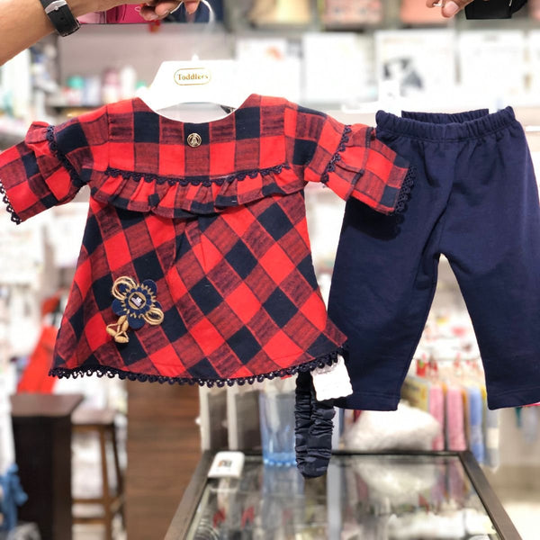 BABY GIRL 3 PIECES FROCK SUIT | RED CHECK PRINT