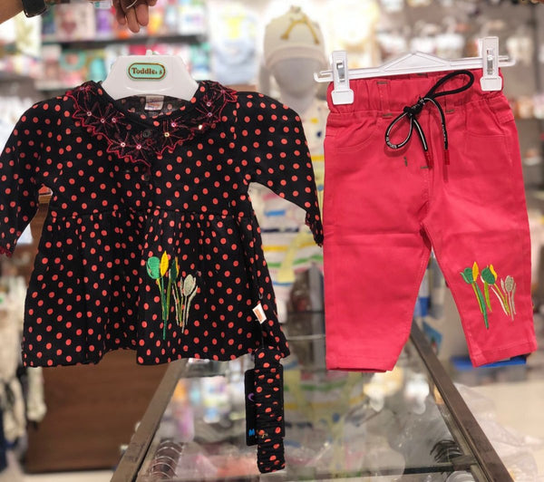 BABY GIRL 3 PIECES FROCK SUIT | RED POLKA DOT