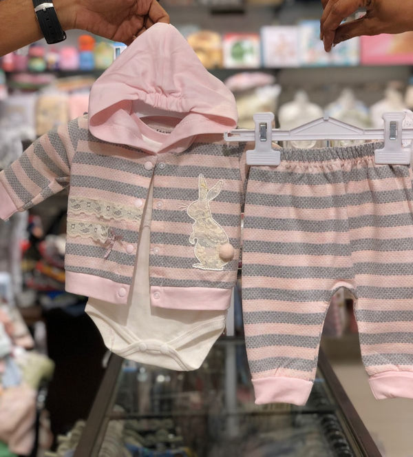 INFANT BABY GIRL 3 PIECES HOODED RABBIT SUIT 0-3 MONTHS | INFANT WINTER COLLECTION