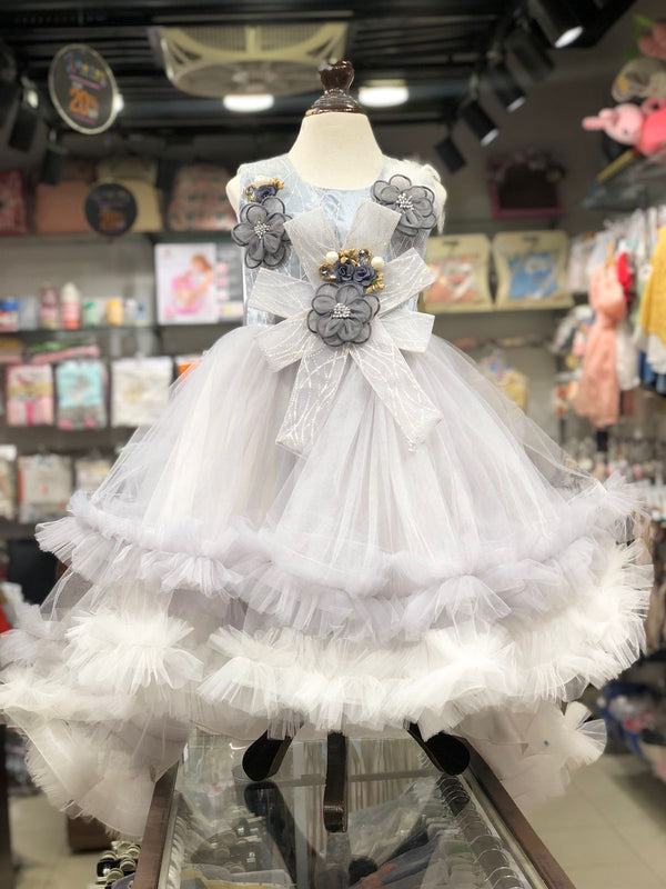 BABY GIRL LIGHT GREY LONG TAIL FANCY FROCK | BABY GIRL FANCY FROCK