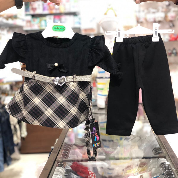 BABY GIRL 3 PIECES FROCK SUIT | BLACK CHECK VELVET