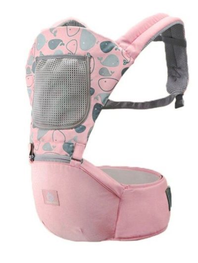 Pink baby carrier with gray heart patterns on a white background