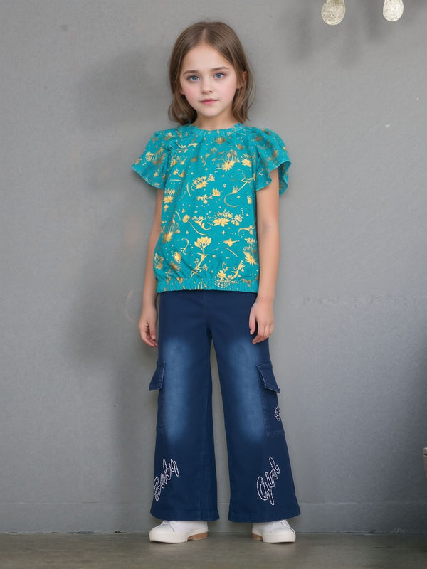 girls floral print cotton 2-piece suit front view