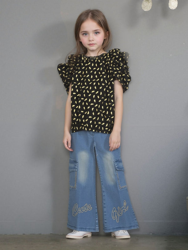 girls festive gold print cotton suit front
