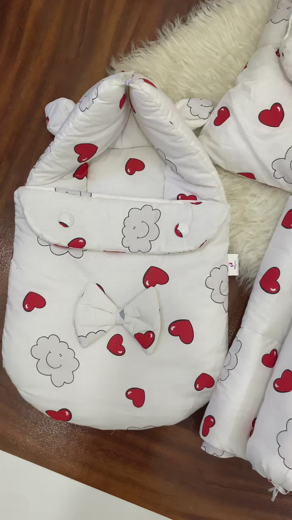 Baby 8-Piece Bed Set – Heart Print | Carry Nest, Mosquito Net Bed, Blanket & Pillows