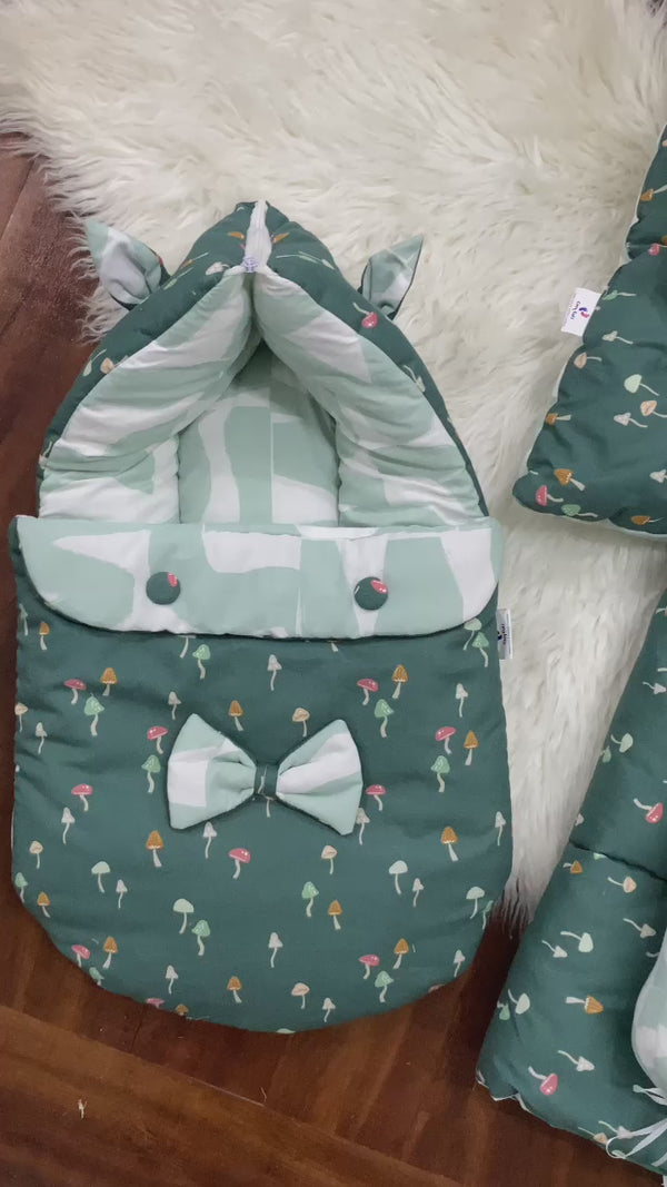 Baby 8-Piece Bed Set – Mushroom Print | Carry Nest, Mosquito Net Bed, Blanket & Pillows