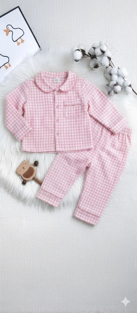 Baby Girl Night Suit – Micro Check Design | Soft Cotton Sleepwear